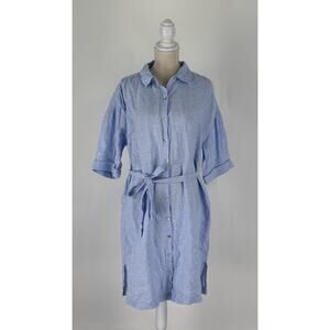 Tahari Womens Linen Button Up Shirt Dress Short Sleeve Size Large Blue NWT
